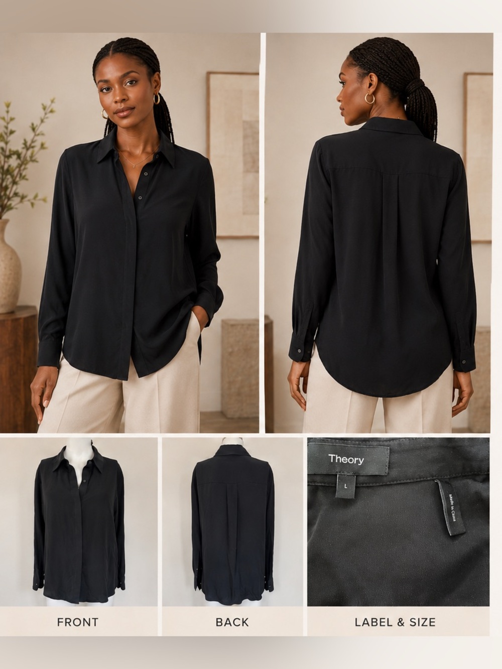 Theory Black Silk-Feel Button Front Blouse Size L